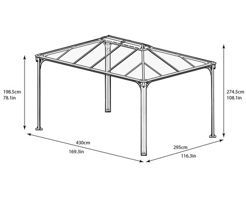 Obrázek altánu o rozměrech 430 x 295 centimetrů a výšce 274,5 centimetrů
