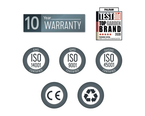 Záruka 10 let, Palram Test Bild Top Garden Brand 2020, EMS ISO 14001 s certifikací, QMS ISO 9001 s certifikací, OHSMS ISO 45001 s certifikací, označení CE, symbol recyklace