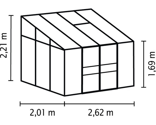 Obrázek skleníku o rozměrech 2,21 m výšky, 2,01 m šířky a 2,62 m délky.