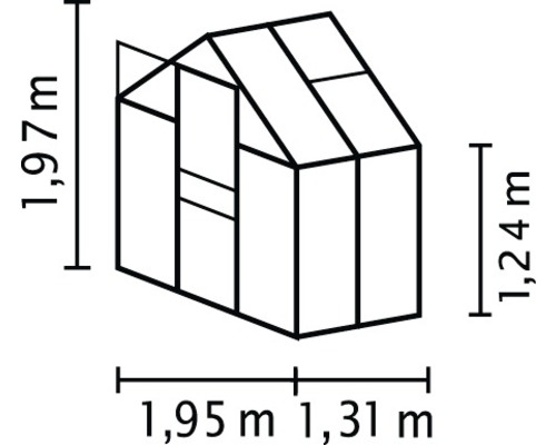 Rozměry zahradního domku: 1,97 metru vysoký, 1,95 metru široký a 1,31 metru hluboký. Boční stěna je 1,24 metru vysoká.