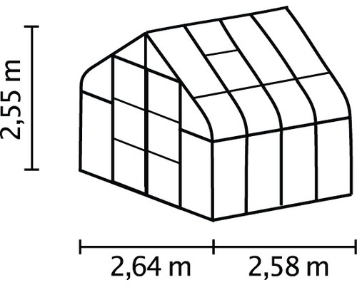 Nákres skleníku o rozměrech 2,55 metru výška, 2,64 metru a 2,58 metru šířka