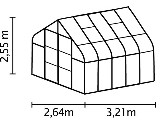 Obrázek skleníku s rozměry: 2,55 metru výška, 2,64 metru plus 3,21 metru délka.