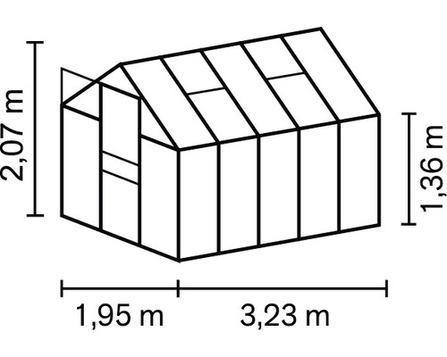 Schéma skleníku s výškou 2,07 metru, boční výškou 1,36 metru, šířkou 1,95 metru a délkou 3,23 metru