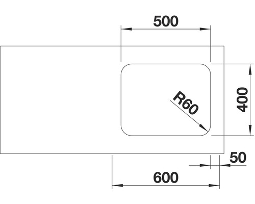 Nákres umyvadlové desky s výřezem pro umyvadlo a rozměry
