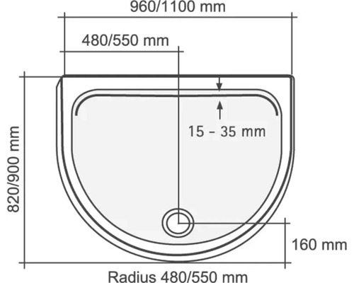 Rozměrový nákres sprchové vaničky o rozměrech 960/1100 mm délka, 820/900 mm šířka a poloměr 480/550 mm.