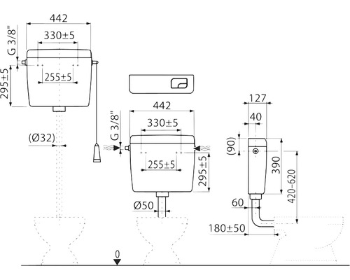 Technický výkres splachovací nádrže s rozměry
