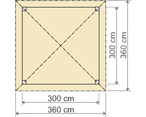 Čtvercová plachta s úhlopříčkami a rozměry 300 cm a 360 cm.