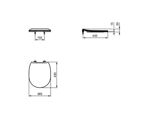 Technický nákres WC sedátka s rozměry.