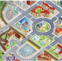 Ilustrace města s budovami, ulicemi, železnicí a zábavním parkem