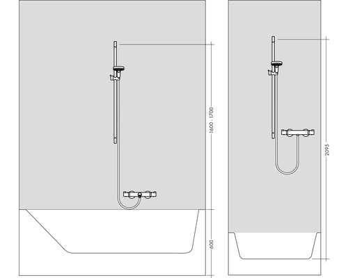 Technický výkres vany s sprchovou baterií a rozměry