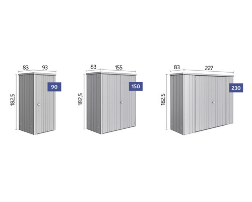 Obrázek různých zahradních skříní o šířce 90, 150 a 230 centimetrů