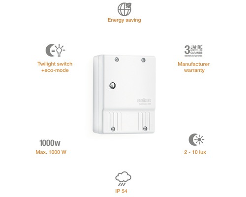 Spínač Steinel se soumrakovým spínačem, ekologickým režimem, funkcí úspory energie, zárukou výrobce a IP 54