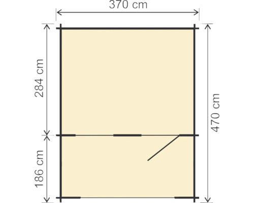 Nákres půdorysu s rozměry: šířka 370 cm, hloubka 470 cm, výška 284 cm a výška 186 cm k linii střechy.