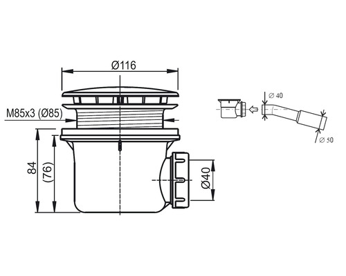 Technický nákres odtokové soupravy s rozměry průměr 116 mm, M85x3 (průměr 85), 84 (76) mm a průměr 40 mm