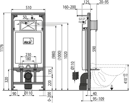 Technický nákres předstěnového instalačního prvku s rozměry