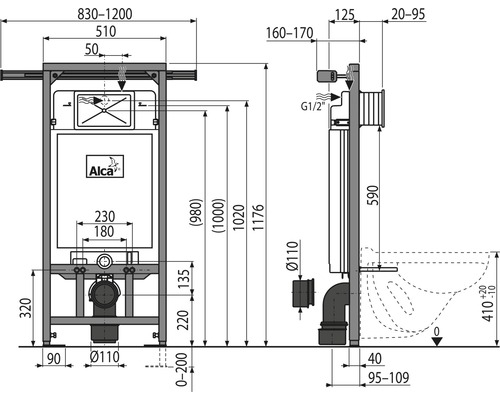 Technický nákres předstěnového instalačního prvku s rozměry a logem Alca