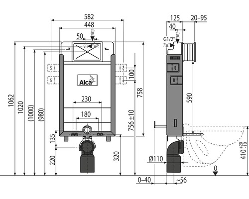 Technický nákres předstěnového instalačního prvku s rozměry a logem Alca