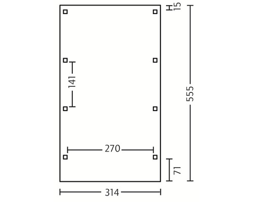 Technický nákres s rozměry desky: výška 555 mm, šířka 314 mm