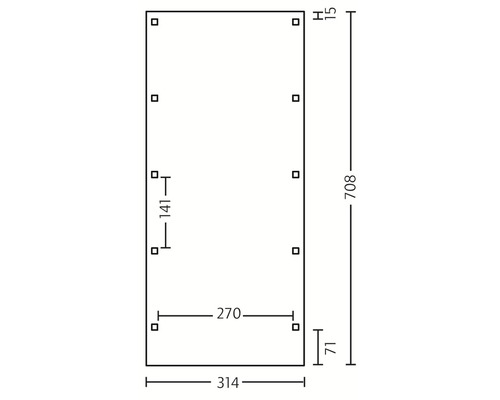 Technický výkres s rozměry: 314, 708, 270, 141, 71, 15