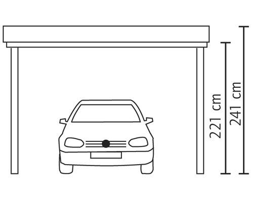 Nákres přístřešku pro auto s rozměry a autem