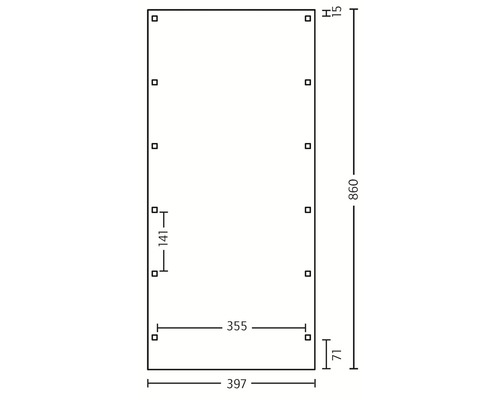 Technický výkres s rozměry výrobku: výška 860, šířka 397