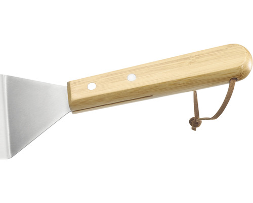 Obracečka na gril z nerezové oceli s bambusovou rukojetí a koženým poutkem