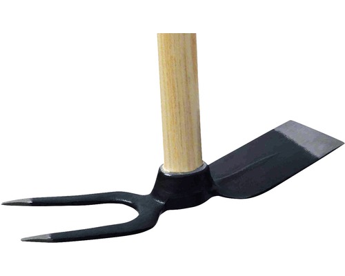 Dvojitá motyka s dřevěnou násadou pro zahradní práce