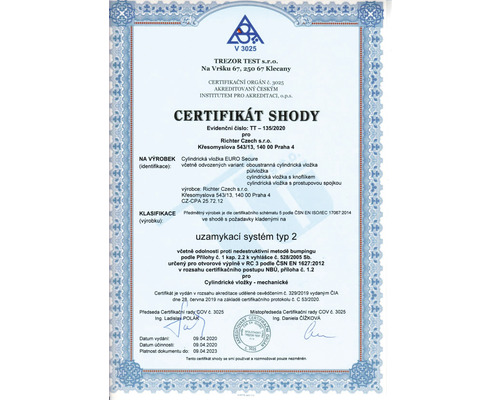Certifikát shody pro cylindrickou vložku EURO Secure