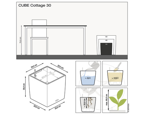 Technický nákres květináče Cube Cottage 30 s rozměry
