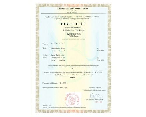 Certifikát pro cylindrickou vložku značky Euro Secure
