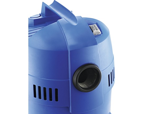 Detail modrého vysavače s vypínačem a připojením