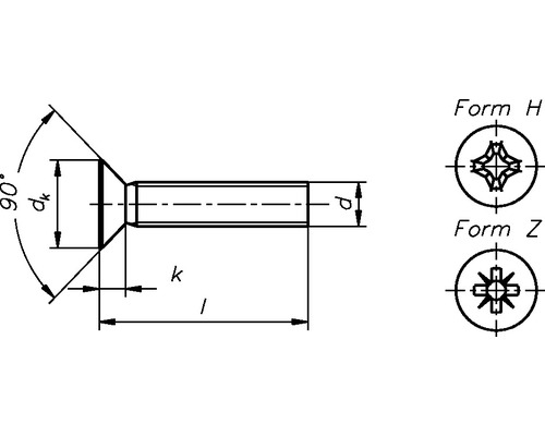 Technický výkres zápustného šroubu s tvarem H a tvarem Z