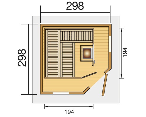 Pohled shora na saunu s rozměry délky a šířky