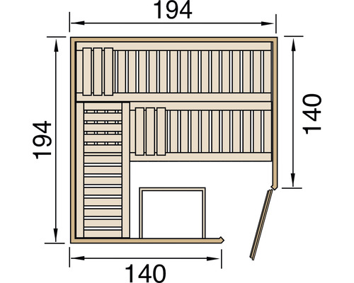 Půdorys sauny o rozměrech 194 x 140 centimetrů