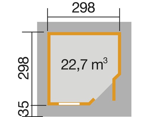 Půdorys s rozměry 298 krát 298 a objemem 22,7 metrů krychlových