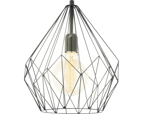 Závěsná lampa s geometrickým drátěným rámem a žárovkou