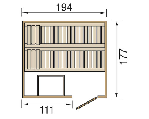 Půdorys sauny s rozměry.