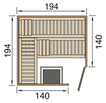 Půdorys sauny s rozměry: 194 krát 140 centimetrů.