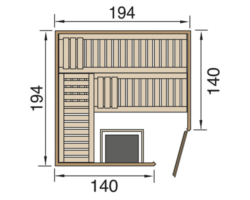 Půdorys sauny s rozměry: 194 krát 140 centimetrů.