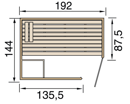 Pohled shora na saunu s rozměry.