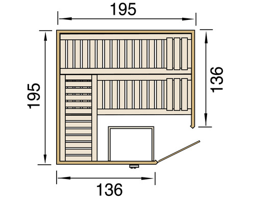 Půdorys sauny s rozměry v centimetrech
