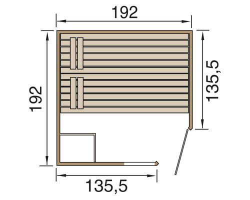 Rozměry sauny s lavicemi, boční stěnou a dveřmi