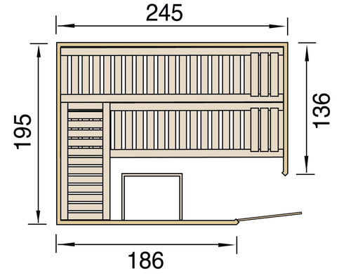 Technický nákres sauny s rozměry