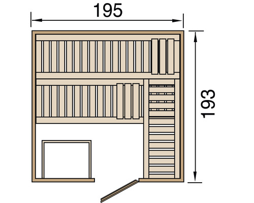 Nákres sauny o rozměrech 195 x 193 centimetrů.