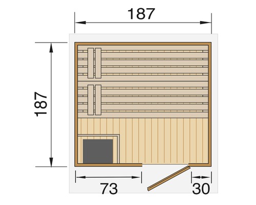 Půdorys sauny o rozměrech 187 krát 187 centimetrů