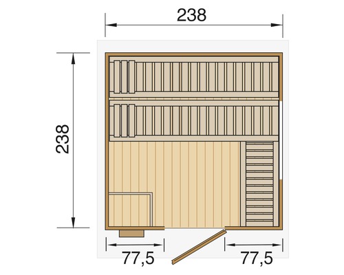 Půdorys sauny o rozměrech 238 krát 238 centimetrů.