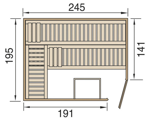 Technický nákres sauny s rozměry