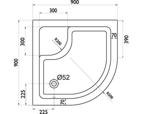 Technický nákres sprchové vaničky s rozměry.