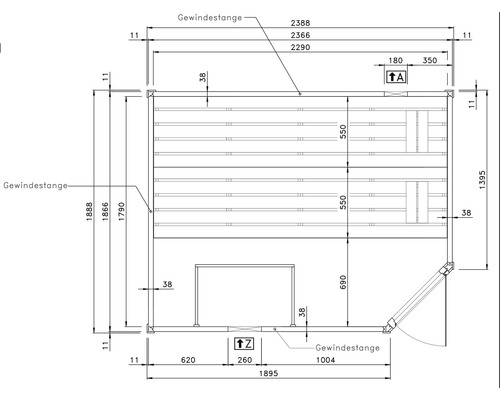 Technický nákres zahradního domku s rozměry