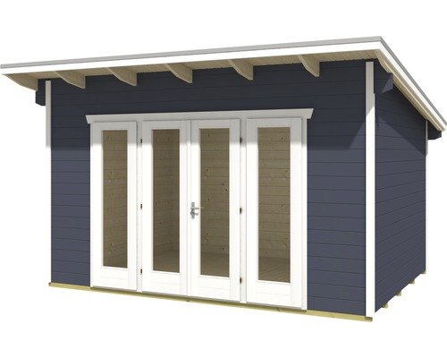 Zahradní domek s dvoukřídlými dveřmi a sedlovou střechou